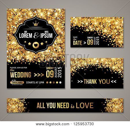 Set of wedding invitation cards design. Gold confetti and black background. Vector illustration. Save the date. Retro figured label. Typographic template for your text. Glittering dust.