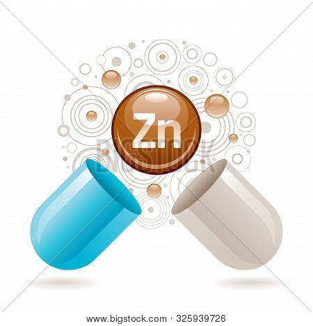 Mineral Vitamin Zinc Supplement For Health. Capsule With Zn Element Icon, Healthy Diet Symbol. 3d Co