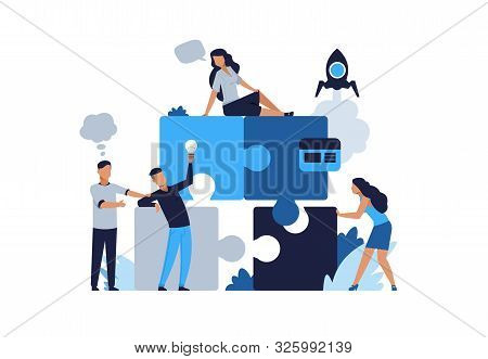 Business Puzzle Concept. Teamwork And Partnership Flat Puzzle With Cartoon Businessman. Vector Illus