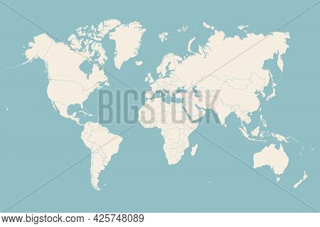 World Map. Poster Of World, Earth Map With Countries, Isolated Silhouettes Of Countries On Blue Back