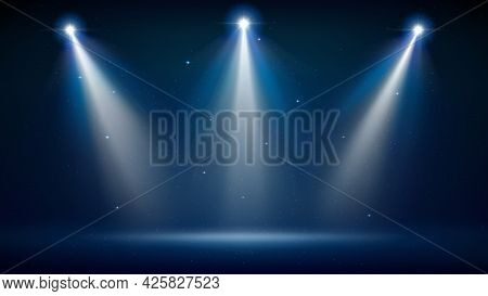 Spotlight Backdrop. Illuminated Blue Stage. Background For Displaying Products. Bright Beams Of Spot