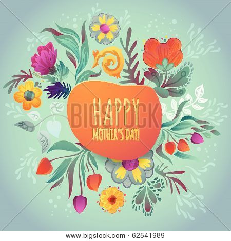 Happy Mother's Day! Beautiful Greeting Card With Floral Wreath. Bright Illustration, Card For Weddin