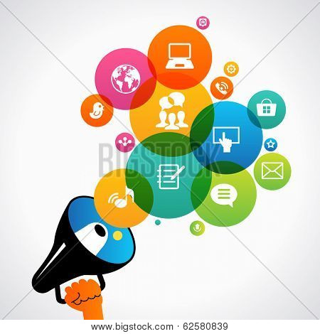 Hand holding a megaphone promotion social media icons. Concept communications, network