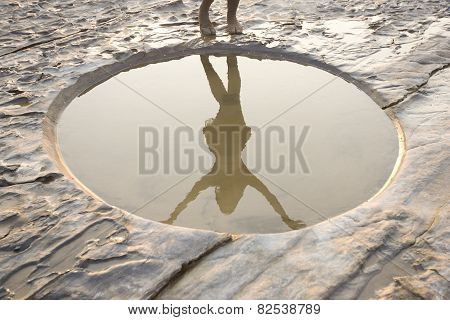 Beautiful Calm Landscape. Graphic Minimalism, Circle Hole And Beautiful Woman Danceing Silhouette. S