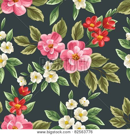 Floral seamless pattern with pink, white and red flowers and leaves on dark background.