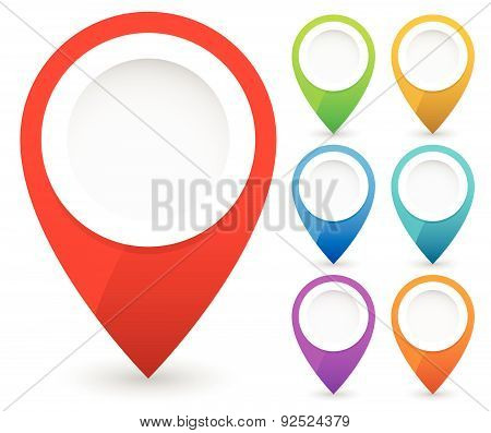 Map Marker, Map Pin Vector. Map Markers With Circles With Blank Space. 7 Colors. Vector Graphics.