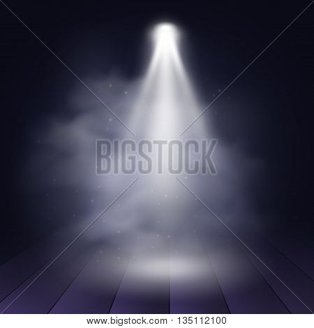 Spotlight disco illuminated wooden scene decoration club theater. Vector projection presentation background illustartion. Spotlight background vector. Stage spotlight. Spotlight effect on scene.