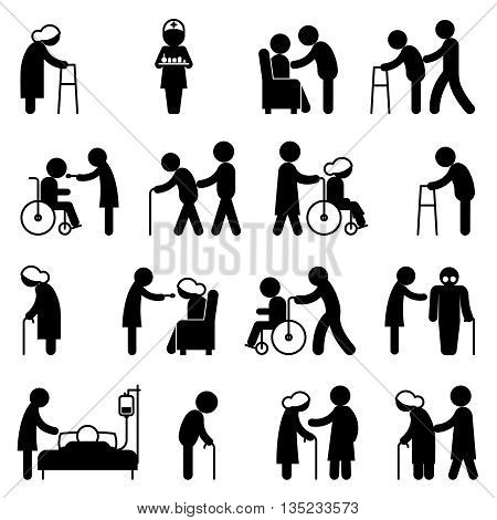 Disability people nursing and disabled health care icons. Disabled people, help disabled  people patient, person disabled in wheelchair, vector illustration