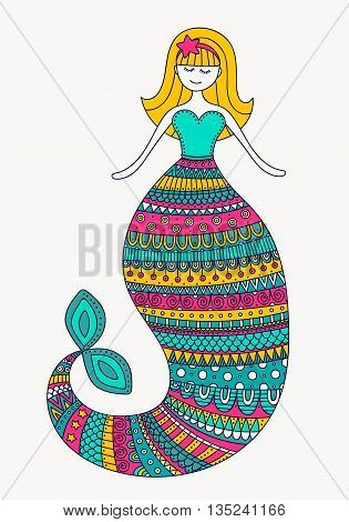 Cute doodle mermaid. Vector hand drawn mermaid with color doodle ornament. Isolated. Bright colors - pink yellow gren white.