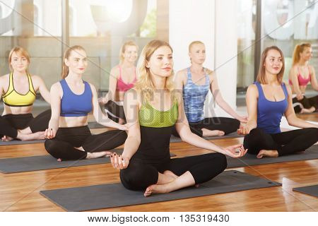 Group of young women in yoga class. Group of people making exercises. Girls do yoga meditation pose, relaxation. Meditation posture. Healthy lifestyle, sport, yoga studio. Fitness club, yoga training