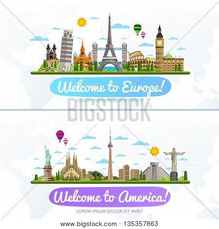 Welcome to Europe and America travel flat vector illustration. Journey around the world. World traveling concept. Europe travel and America travel landmark banners. Worldwide discover. Travel concept. World travel background. Travel banner. Time to travel