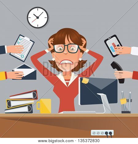 Multitasking Stressed Business Woman in Office Work Place. Vector illustration