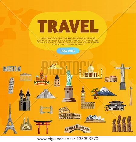 World travel and tourism concept flat vector. Famous world buildings. World travel landmark and famous travel place. Vacation travel architecture in cartoon style. World travel background. Travel banners. Travel background for traveling agency. Travel.