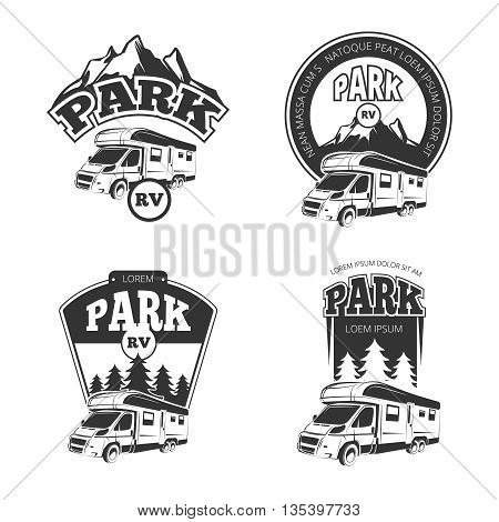 RV and campers vector emblems, labels, badges, logos set. Camper park label, rv park emblem, park rp recreation logo, park rv badge illustration