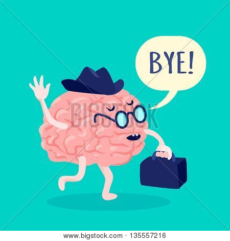 Brain in hat and glasses saying bye with suitcase flat vector illustration