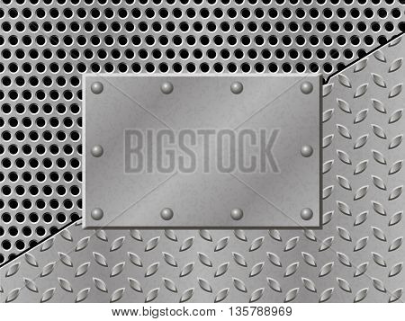 Rusty perforated Metal Background with plate and rivets. Metallic grunge texture. Steel iron aluminum surface template. Abstract techno vector illustration.