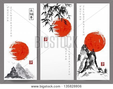 Three banners with red sun, mountains and bamboo in traditional Japanese ink painting sumi-e style. Contains hieroglyphs - happiness, eternity, freedom