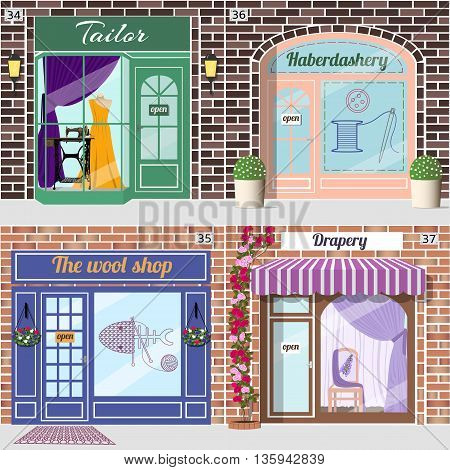 Set of shops. Tailor with dummy in evening dress and treadle sewing machine in window.Haberdashery with spool with threads, sewing button and needle sticker on window. Wool shop.Drapery shop with chair with flower pattern and purple curtains in window. Ve