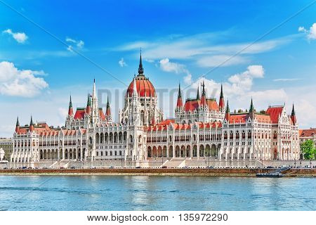 Hungarian Parliament At Daytime. Budapest. View From Danube Riverside.hungary