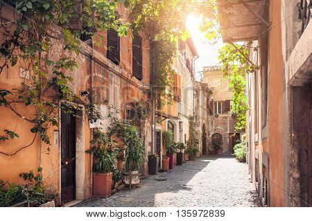 A picturesque street in the historic Trastevere district Rome Italy