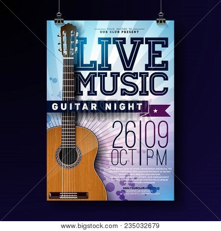 Live Music Flyer Design With Acoustic Guitar On Grunge Background. Vector Illustration Template For 