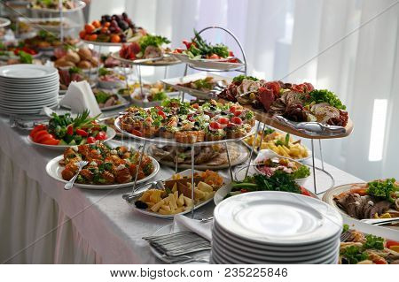 Catering Service. Restaurant Table With Snacks Food At Event.