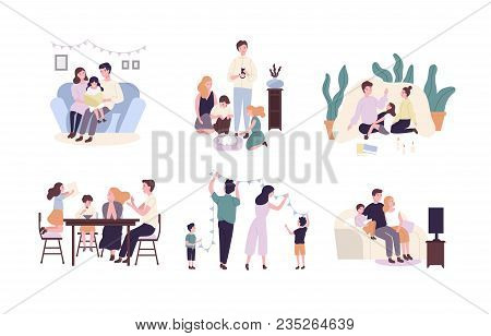 Family Members Spending Time Together At Home. Mother, Father And Children Reading Book, Decorating 