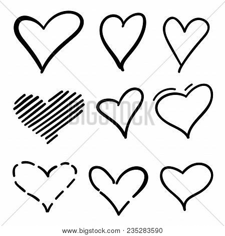 Set Of Outline Hand Drawn Heart Icon.hand Drawn Doodle Grunge Hearts Vector Set. Rough Marker Hearts