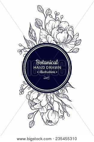 Vintage Flower Vector Frame Drawing. Peony, Rose, Leaves And Berry Sketch Composition. Engraved Bota