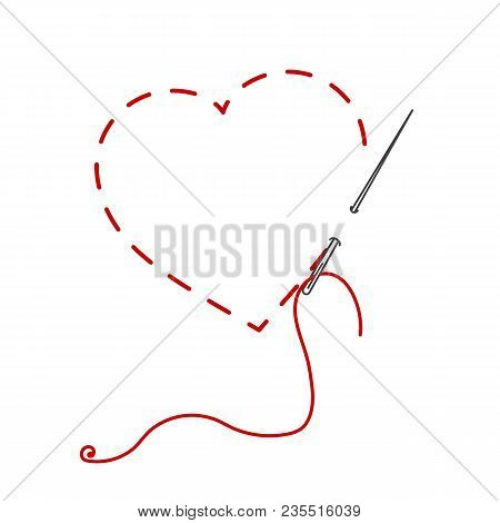 A Vector Illustration Of Stitched Heart, Needle With Thread. Embroidery Stylization With Stitches. B