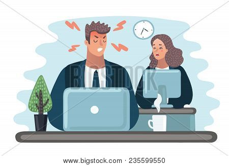 Vector Cartoon Illustration Of Angry Boss. Manager Is Hiding. Office Life. Businessman At Desktop At