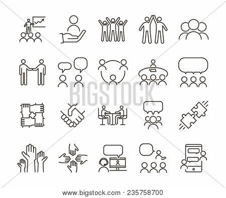 Vector Thin Line Icon Illustration Set. Teamwork And People Interacting, Communicating And Working T