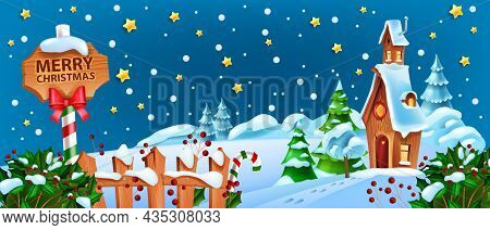 Christmas Winter Snow Landscape, X-mas Santa Claus Night House Cartoon Background, Road Sign, Stars.