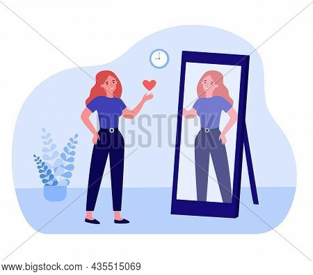 Woman Looking In Mirror And Sending Heart To Reflection. Confident Happy Female Character Flat Vecto