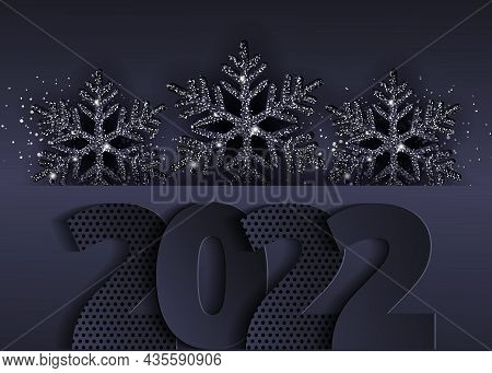 Glam Christmas cadr with black shiny snowflakes. Merry christmas and happy new year banner 2022. Christmas banner with fir black branches. Merry christmas and happy new year banner. Merry christmas and happy new year banner 2022. Christmas background. Mer