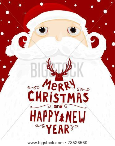 Santa Claus with Merry Christmas Label for Holiday Invitations and Greeting Cards. Xmas Poster, Banner, Placard or Card Template. Winter Illustration with Snowflakes,