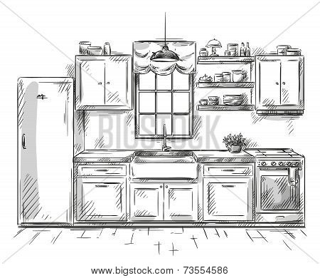 Kitchen interior drawing, vector illustration