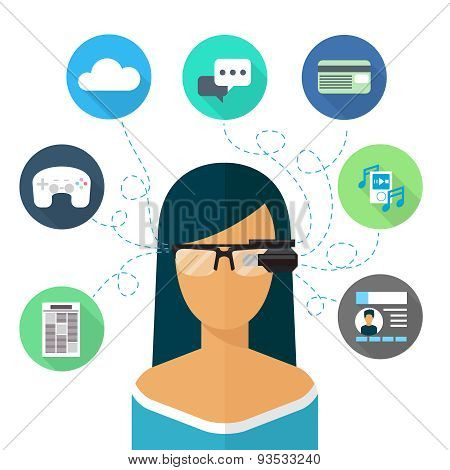 Woman wearing glasses augmented reality. Flat icon