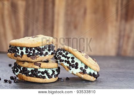 Three Chocolate Chip Mint Ice Cream Cookie Sandwiches