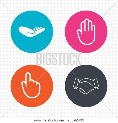 Hand icons. Handshake and click here symbols.