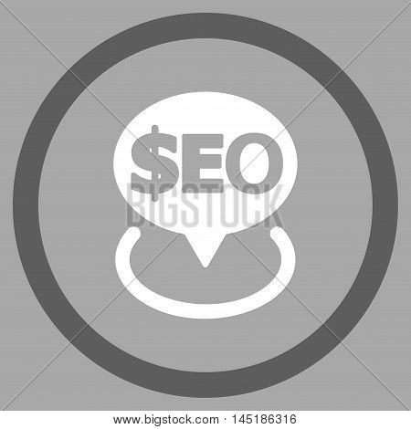 Geotargeting Seo vector bicolor rounded icon. Image style is a flat icon symbol inside a circle, dark gray and white colors, silver background.