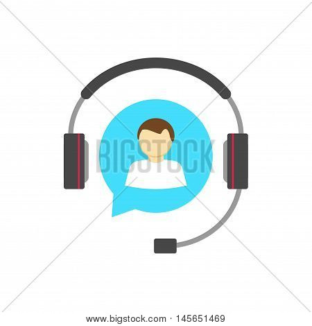 Customer help desk logo concept, customer support service vector icon isolated, flat white hotline support assistance agent in blue bubble speech with headphone, operator person in headset talking