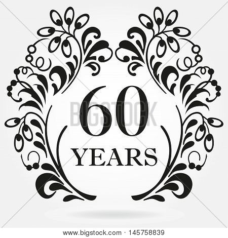 60 years anniversary icon in ornate frame with floral elements. Template for celebration and congratulation design. 60th anniversary label. Vector illustration.