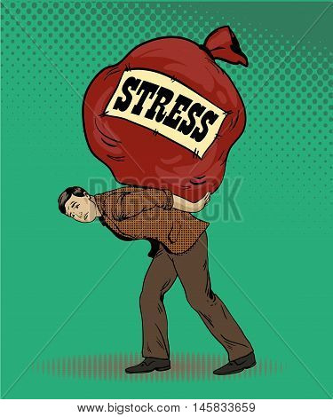 People in stress situations concept vector illustration in retro pop art style. Man carrying big bag with stress sign. Comic design.