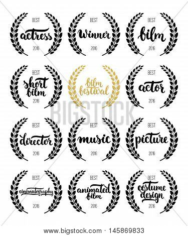 Set of awards for best film, actor, actress, director, music, picture, winner and short film with wreath and 2016 text. Black and golden color film award wreaths isolated on the white background