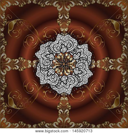 Abstract beautiful background with golden and white floral elements on brown radial background.