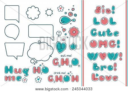 Comic Bubble Set. Popular Phrases And Quotes In Cartoon Style. Text Forms, Sis, Bro, Cute, Omg, Wow,