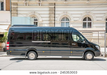 Mercedes Benz Sprinter Black Luxury Shuttle Bus Van Parked On The Street. June - 12. 2018. Novi Sad,