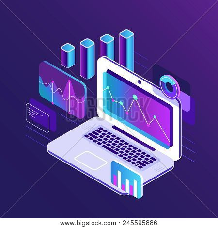 Finance Market Analysis Isometric 3d Charts On Business Tablet Laptop. Analytical Report Diagram Con