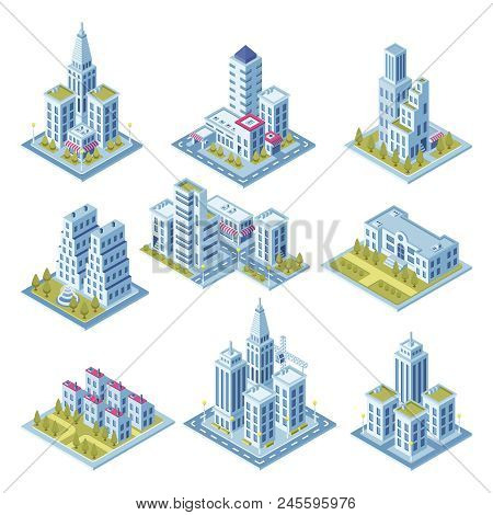 Isometric City Architecture, Cityscape Building, Landscape Garden And Business Office Skyscraper. Pu